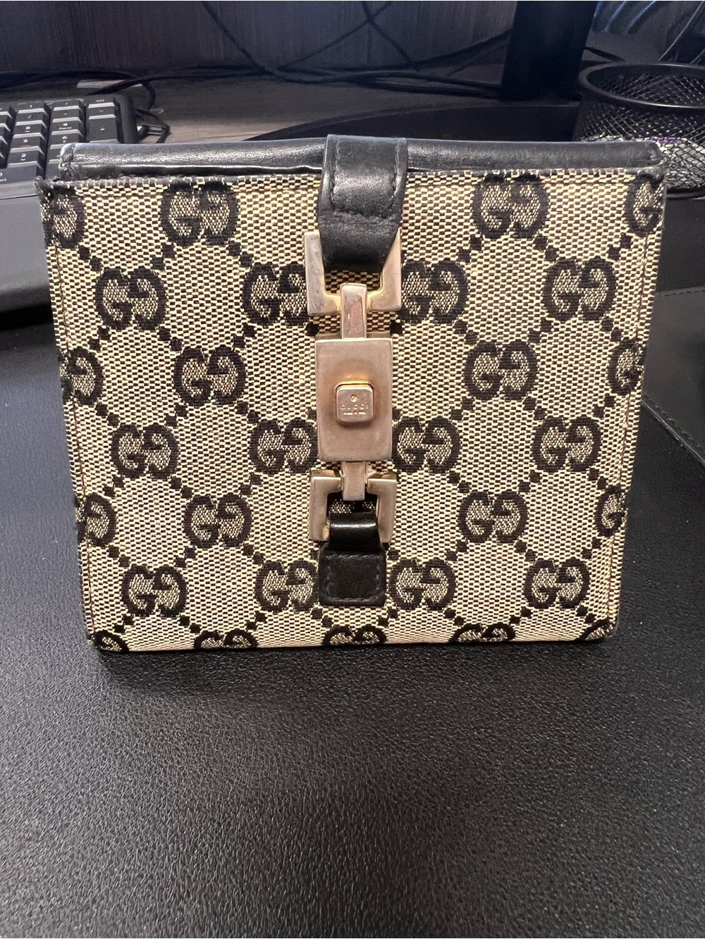 Gucci Vintage Jackie GG Canvas Piston Lock Bifold Wallet Authentic + COA